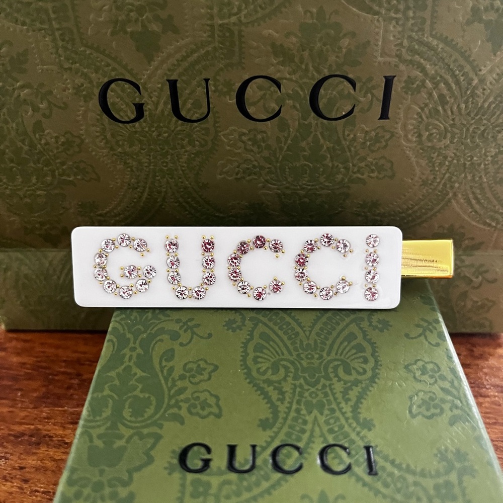 Gucci white resin  Hair Clip barrette with Crystals letters.